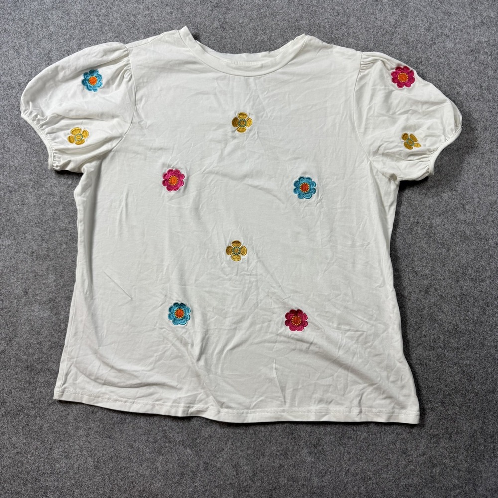 Unbranded Women Floral Embroidered Puff Sleeve Tee XL White Cotton Stretch